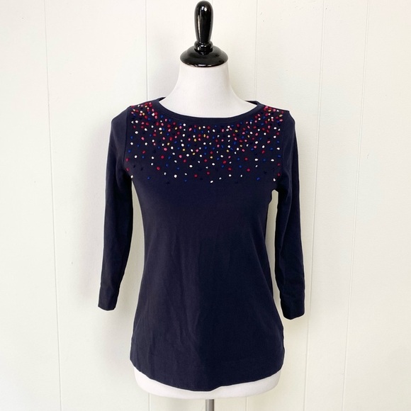 Talbots Tops - Talbots 3/4 sleeves multicolor embellish mini pom pom top Navy Blue Sz Petite P